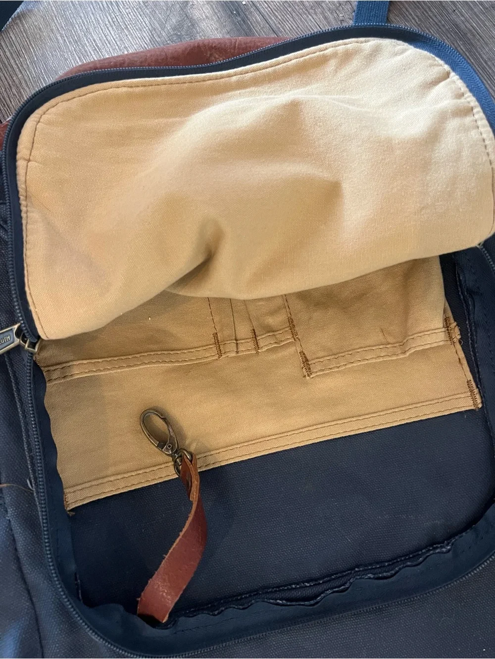 Duluth Trading Co Navy Canvas Backpack with Brown Leather Trim